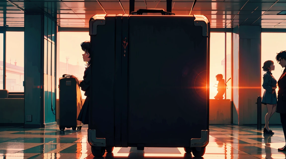 New modern airport, Terminal, Watching an airplane, It has a nice atmosphere, Adult women, Trunk Case ,Perfect Face, A melancholic look, (Backlight: 1.1), A scene from a movie, Soft Shadows, masterpiece, Highest quality, Complex, Model shooting style, Vintage, Film Grain, Wide Shot、Red lipstick