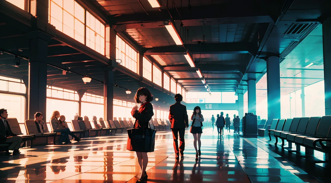 New modern airport, Terminal, Watching an airplane, It has a nice atmosphere, Adult women, Trunk Case ,Perfect Face, A melancholic look, (Backlight: 1.1), A scene from a movie, Soft Shadows, masterpiece, Highest quality, Complex, Model shooting style, Vintage, Film Grain, Wide Shot、Red lipstick