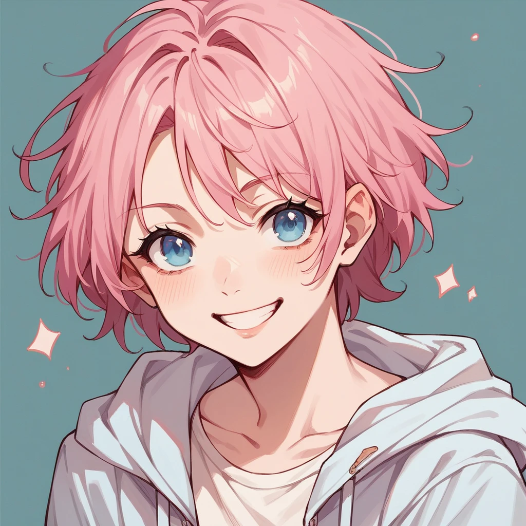 anime style drawing, Girl with pink hair, twenty-four years old, with light blue eyes, looking towards the camera in a photograph, smiling sweetly.