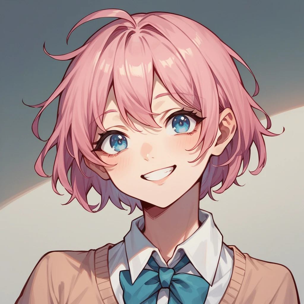 anime style drawing, Girl with pink hair, twenty-four years old, with light blue eyes, looking towards the camera in a photograph, smiling sweetly.