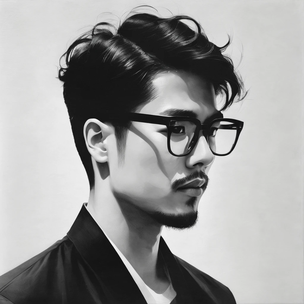 (Minimalist:1.5),Mono Color,an Asia man with stubble, slightly curly hair, and black square plastic-framed glasses,abstract paintings,Lots of white space,black and white