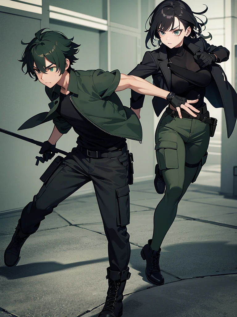 The character with a black long-sleeved shirt gray colored cargo pants a dark green colored sleeveless jacket and combat boots and combat gloves as well