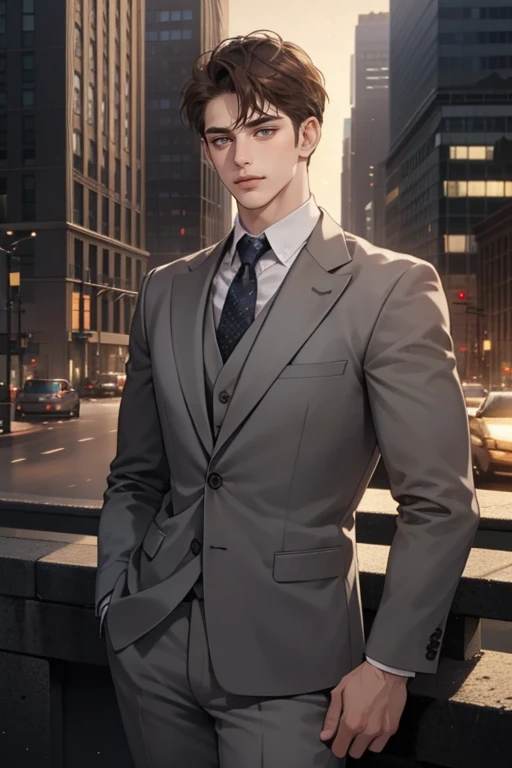 masterpiece, best quality, realistic, 1man, mature male, quiet and charming young man, 25 years old, close his eyes, serious look, extremely detailed face, ((dark grey eyes)), ((short-right-swept dark brown hair)), [thick eyebrows], detective, in the city, ((suit)), cinematic lighting, looking at the audience, posture dynamics, smirk