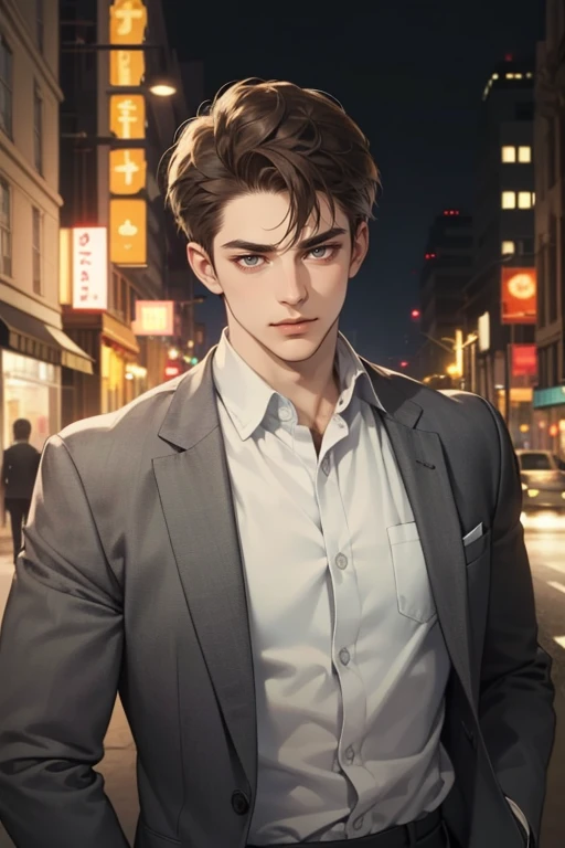 masterpiece, best quality, realistic, 1man, mature male, quiet and charming young man, 25 years old, close his eyes, serious look, extremely detailed face, ((dark grey eyes)), ((short-right-swept dark brown hair)), [thick eyebrows], detective, in the city, ((suit)), cinematic lighting, looking at the audience, posture dynamics, smirk