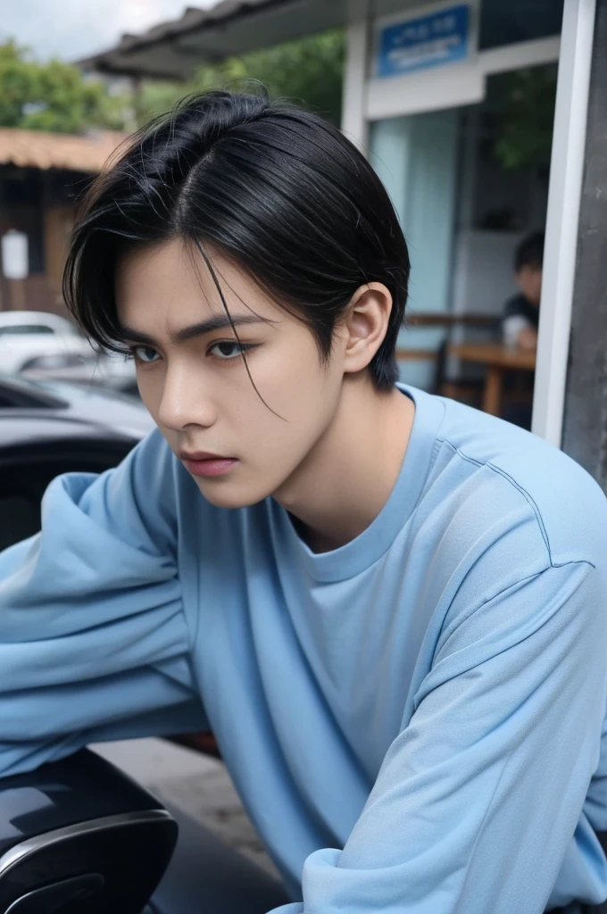 young man in a blue shirt Standing on the roadside with a serious expression, looking into the distance,Eyebrows frowned.,He looked worried.,Turn your head slightly.,Cloudy day, coffee shop