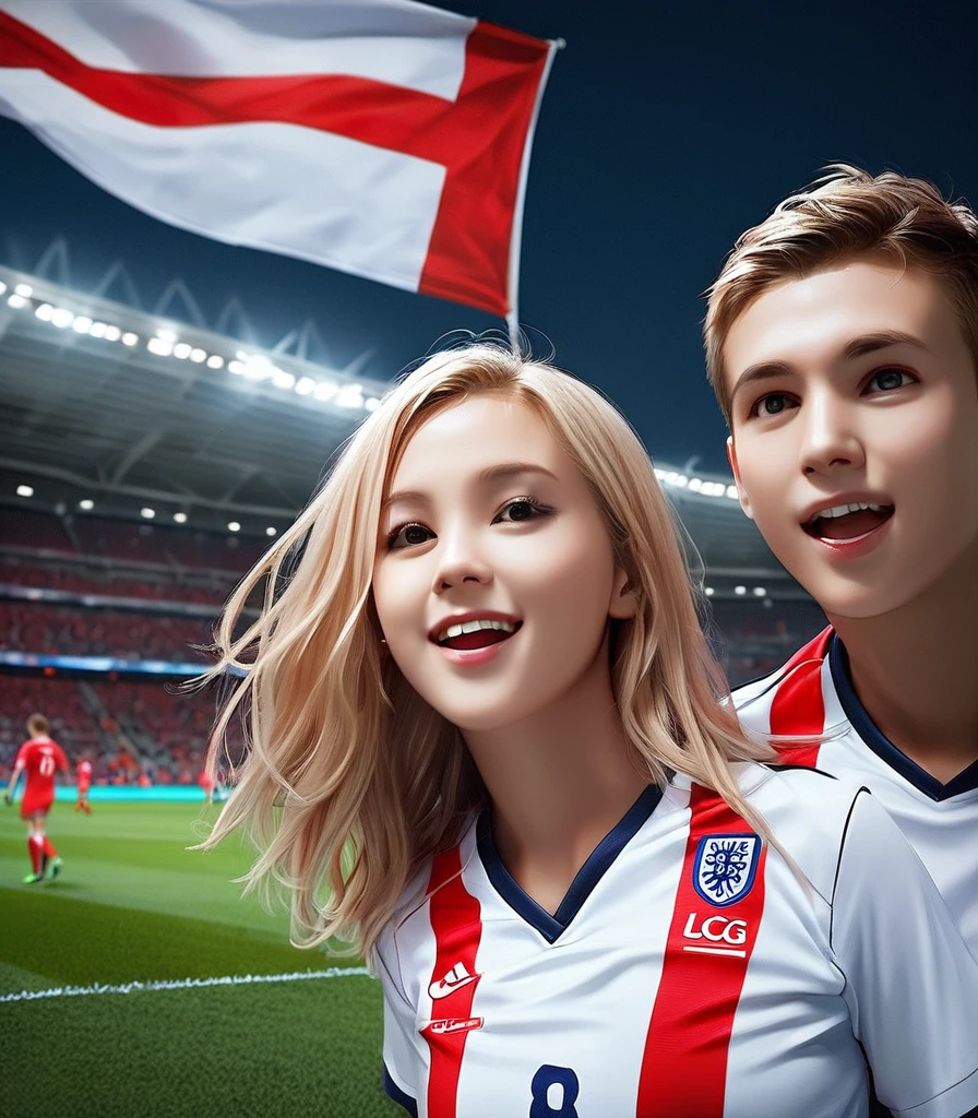 Best original photoshoot with neon light and unique painting, British flag painting colors on the faces, 2 cute blonde young soccer fans wearing England soccer jersey and standing in stadium bleacher, celebrating a goal by Harry Kane, floating hair, natural face, dark lighting, the atmosphere of jubilation, Nikon 14-24mm f/2.8, motion blur, sporting angle shot style, Ultra detailed, realistic skin, film looks