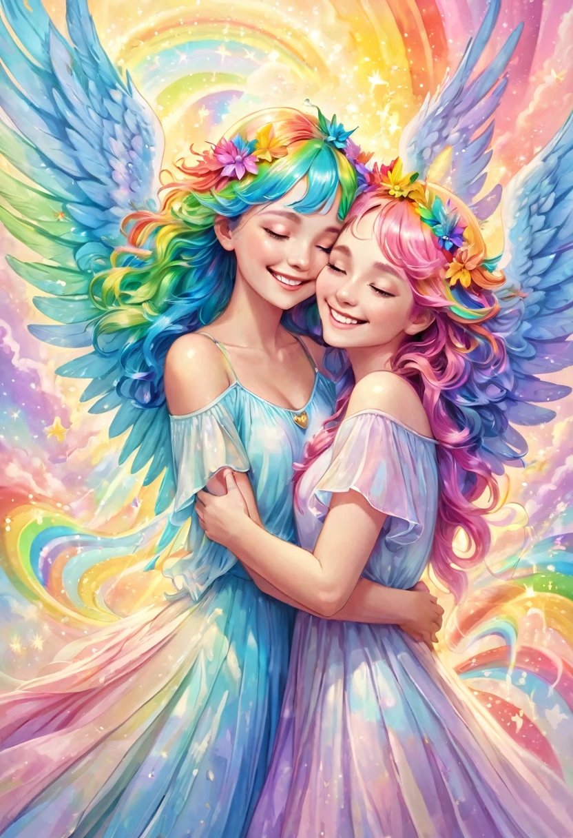 Angels with rainbow colored wings in pastel colors smiling, hugging earth, happiness, smiles, love, Perfect lighting, surrounded by light