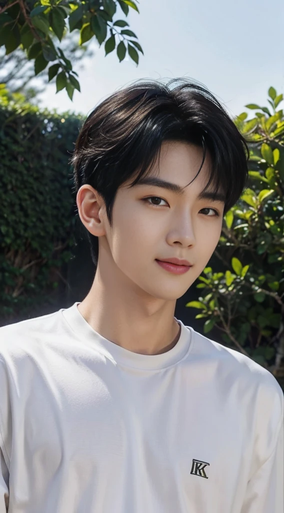 (As a matter of fact, Masterpiece, 8k HD, good light quality, sportswear, fit the face, complicated details), Handsome Korean young man, 20 years old, be happy, smile brightly, detailed face, delicate eyes, มองดูsky, Wear casual clothes, period, black eyes, Black hair color, ผมsmooth, smooth, outdoor sports, Along the garden, Sunny,sky,Surreal,Awesome details,Highest quality,real,