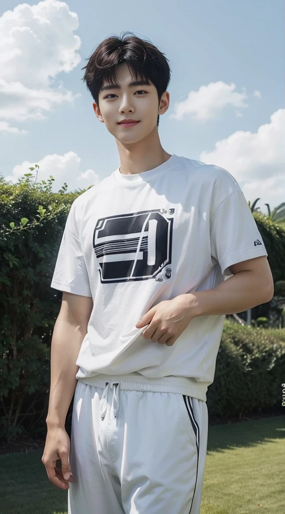 (As a matter of fact, Masterpiece, 8k HD, good light quality, sportswear, fit the face, complicated details), Handsome Korean young man, 20 years old, be happy, smile brightly, detailed face, delicate eyes, มองดูsky, Wear casual clothes, period, black eyes, Black hair color, ผมsmooth, smooth, outdoor sports, Along the garden, Sunny,sky,Surreal,Awesome details,Highest quality,real,