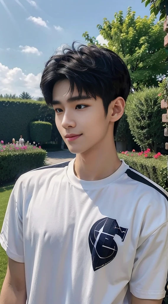 (As a matter of fact, Masterpiece, 8k HD, good light quality, sportswear, fit the face, complicated details), Handsome Korean young man, 20 years old, be happy, smile brightly, detailed face, delicate eyes, มองดูsky, Wear casual clothes, period, black eyes, Black hair color, ผมsmooth, smooth, outdoor sports, Along the garden, Sunny,sky,Surreal,Awesome details,Highest quality,real,
