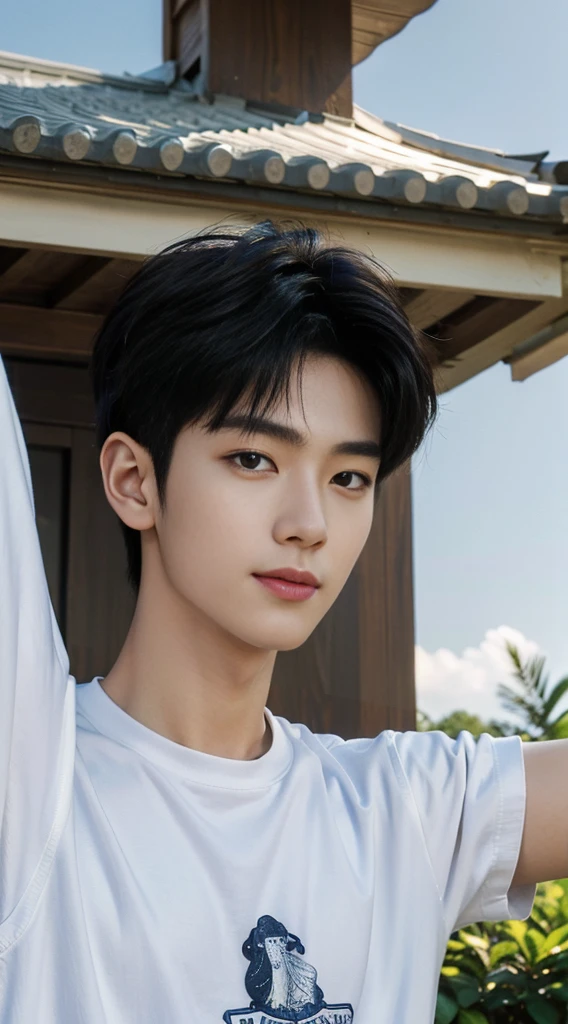 (As a matter of fact, Masterpiece, 8k HD, good light quality, sportswear, fit the face, complicated details), Handsome Korean young man, 20 years old, be happy, smile brightly, detailed face, delicate eyes, มองดูsky, Wear casual clothes, period, black eyes, Black hair color, ผมsmooth, smooth, outdoor sports, Along the garden, Sunny,sky，Surreal，Awesome details，Highest quality，real，