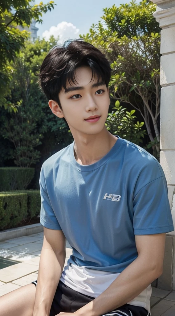 (As a matter of fact, Masterpiece, 8k HD, good light quality, sportswear, fit the face, complicated details), A handsome, muscular young Korean man. , 20 years old, be happy, smile brightly, detailed face, delicate eyes, มองดูsky, Wear a navy tight T-shirt.:1.6, period, black eyes, Black hair color, ผมsmooth, smooth, outdoor sports, Along the garden, Sunny,sky,Surreal,Awesome details,Highest quality,real,Open your mouth to talk.