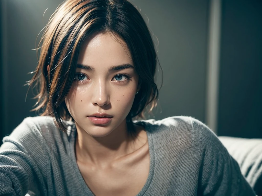 Clothed, (Photorealistic: 1.4), (Ultrarealistic: 1.4), (Realistic: 1.3), (Smoother lighting: 1.05), (Improved cinematic lighting quality: 0.9), 32K, 1 girl, 20 year old girl, Realistic lighting, Backlight, Light on face, Ray tracing, (Bright light: 1.2), (Improved quality: 1.4), (Best quality realistic textured skin: 1.4), Detailed eyes, Detailed face, Detailed eyes, (Tired, sleepy and satisfied: 0.0), Close up of face, Big breasts, T-shirt, (Emphasis on body line mood: 1.1), (Emphasis on skin texture beauty: 1.1) Short hair, Black hair