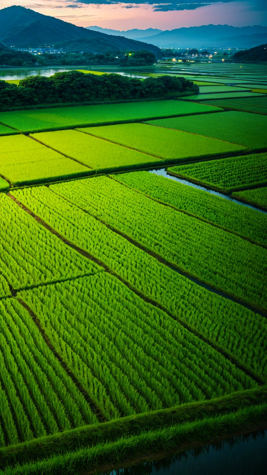 Japan、countryside、Rural Scenery、Style、night、Paddy field、river