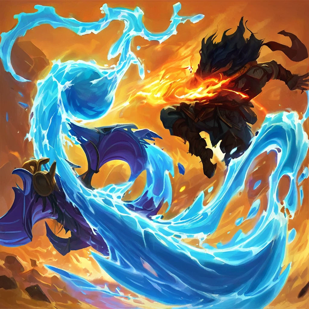 azul claro, agua, Imagine an artwork where liquids swirl around a character's body before being hurled at their enemy. As the liquid hovers in the air, it starts to heat up ominously. Upon impact with the enemy, it explodes with intense heat, scorching them and reducing their movement by 5 meters. The scene captures the moment of impact, with the enemy recoiling from the elemental damage inflicted by the scalding liquid. The environment around them warps slightly from the intense heat, highlighting the destructive power and precision of the attack.