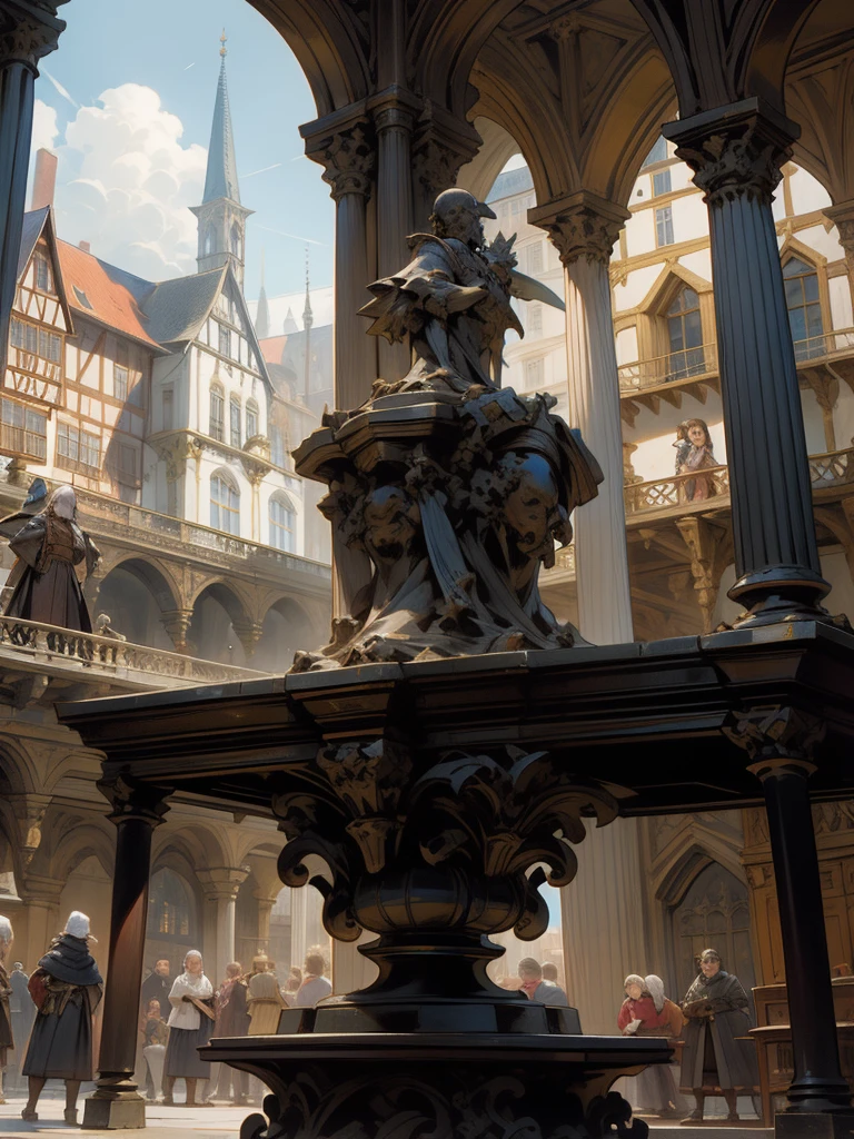 araffes in a courtyard with a fountain and a building in the background, germany. wide shot, german renaissance architecture, in a medieval city, germany, in a city with a rich history, fancy medieval architecture, medieval architecture, streets of heidelberg, by Karl Hofer, medieval town, old town, medieval city, medieval cities, by Emanuel Büchel