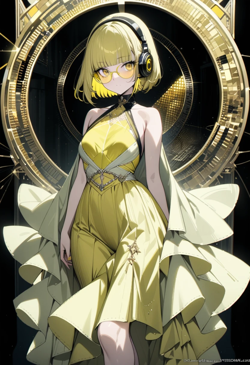 masterpiece, best quality, 16K, absurdres, insanely detailed, angelic, golden ratio beautiful, elegant dress, female, (((yellow glasses:1.3))), headphone, short hair, blunt bangs, full_body