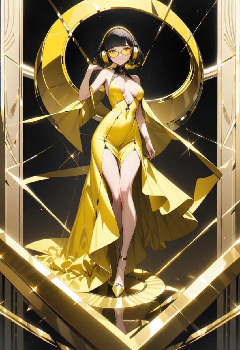 masterpiece, best quality, 16K, absurdres, insanely detailed, angelic, golden ratio beautiful, elegant dress, female, (((yellow glasses:1.3))), headphone, short hair, blunt bangs, full_body