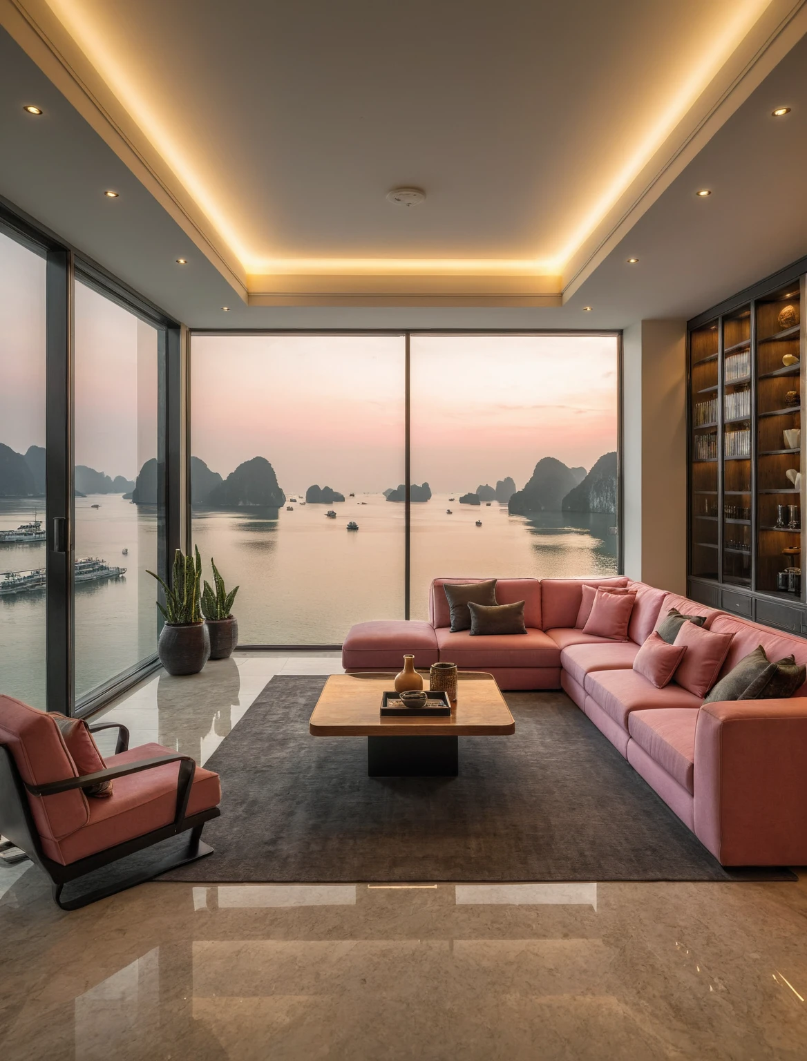 Raw photo,Masterpiece, high quality, best quality, authentic, super detail, interior, livingroom style modern luxury , sunset, evening light, sofa, tea table, carpet, flower vase on tea table, wine bottle, tray, armchair, wine cabinet, books, glass cabinet doors, snake plant pot, downlight, windows overlooking the sunset halong bay, (((black and pink tones))), floor tones black