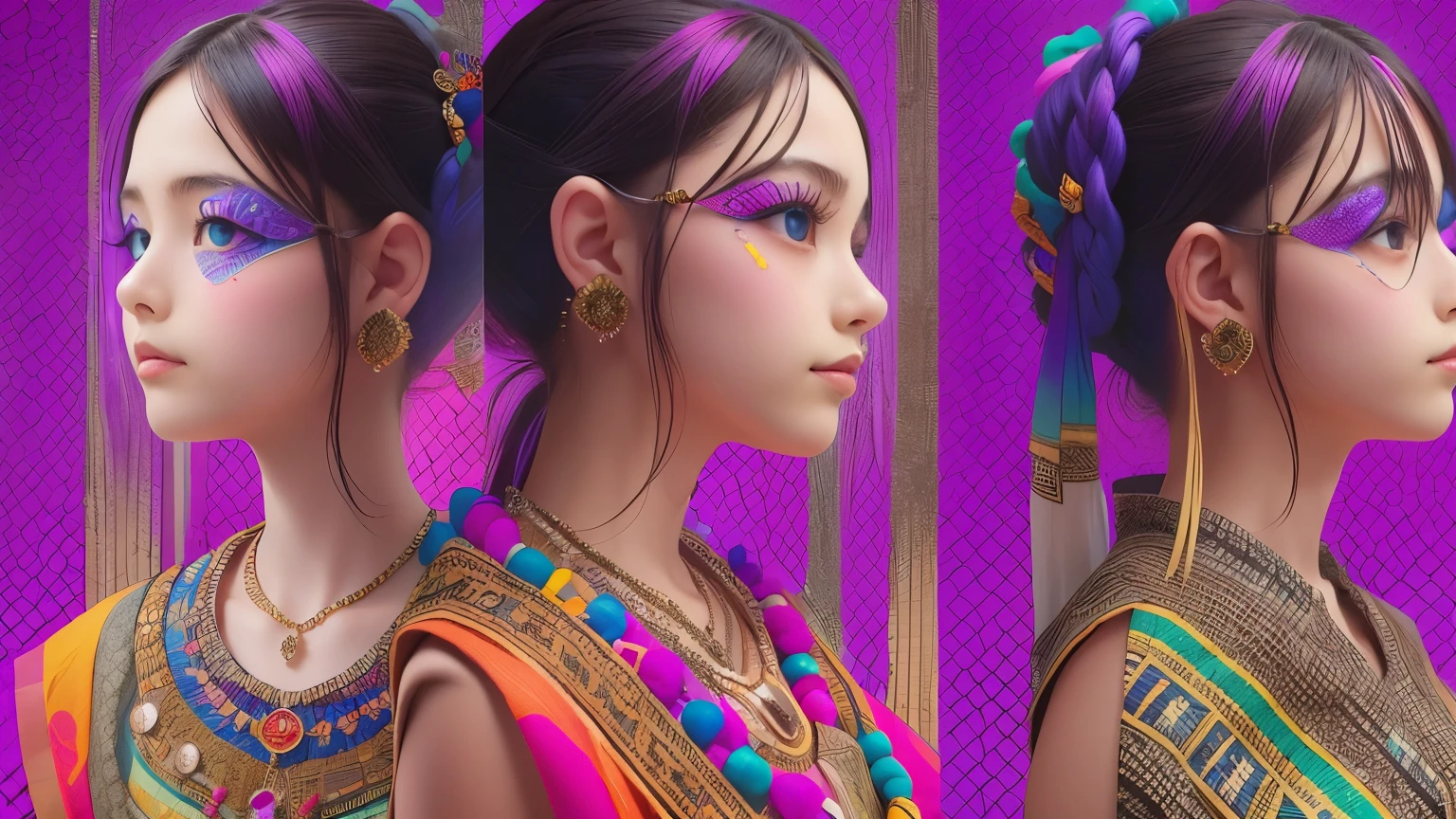 (Absurd, High resolution, Super detailed), (One girl:1.3), Twin tails, Purple Hair, break , Glitch Art, Digital Distortion, Pixelated Fragments, Data Corruption, Colorful Noise, Visual clutter, contemporary aesthetics break , Enamel Art, Glass-like surface, Vibrant colors, Glossy finish, Reflective Texture, Richly pigmented, fluid forms break , Ethnic Style, Traditional attire, Vivid patterns, Handmade textiles, Cultural Motifs, Beaded Jewelry, Artisan handmade accessories
