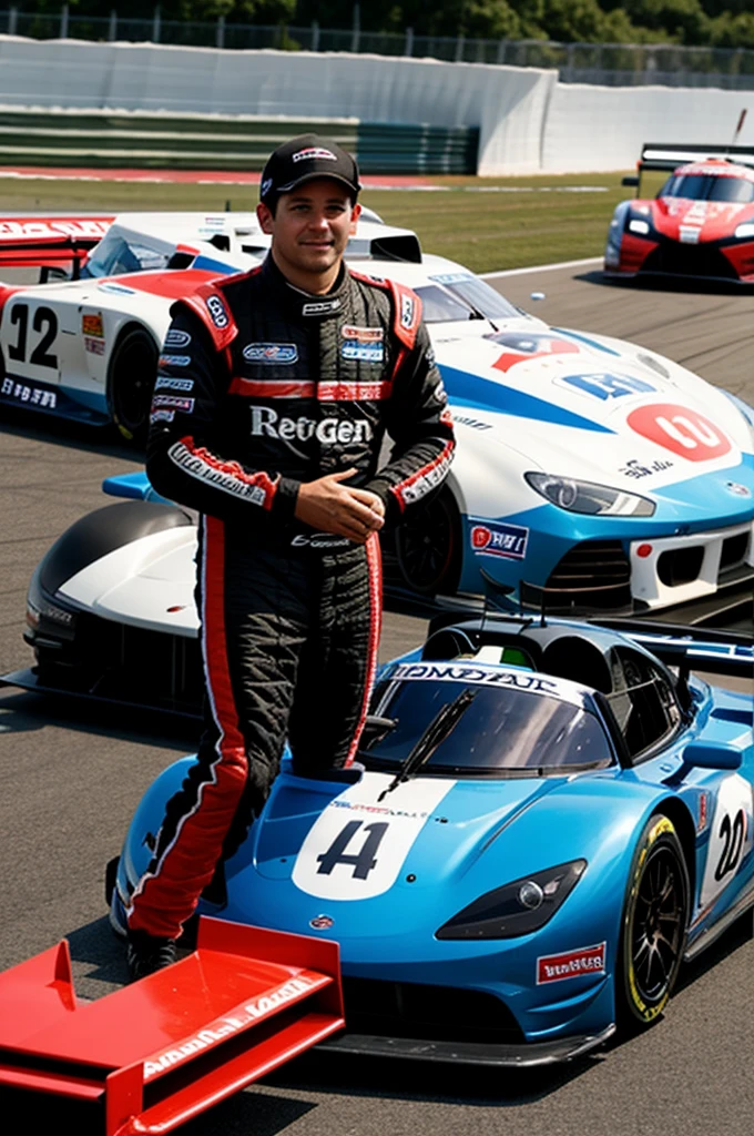 Have a person next to his racing car 