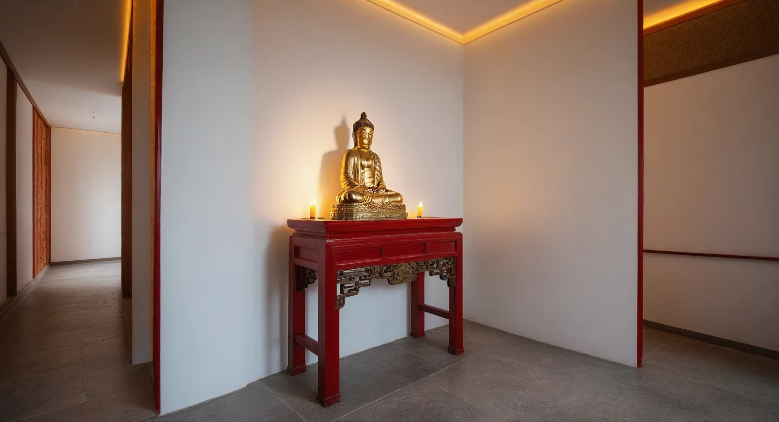 (masterpiece:1.2), (best quality,:1.2), 8k, HDR, ultra detailed, ((photorealistic)), professional light, cinematic lighting, fashion photography, ambient lighting, atmospheric effects, a round altar in the middle of a small temple with CHINESE BUDDHIST on it, epiCPhoto, ((white wall :1.3))