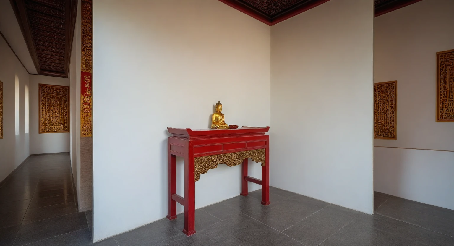 (masterpiece:1.2), (best quality,:1.2), 8k, HDR, ultra detailed, ((photorealistic)), professional light, cinematic lighting, fashion photography, ambient lighting, atmospheric effects, a round altar in the middle of a small temple with CHINESE BUDDHIST on it, epiCPhoto, ((white wall :1.3))