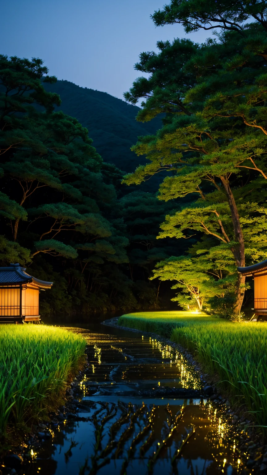 Japan、countryside、Rural Scenery、Style、night、Paddy field、river、firefly