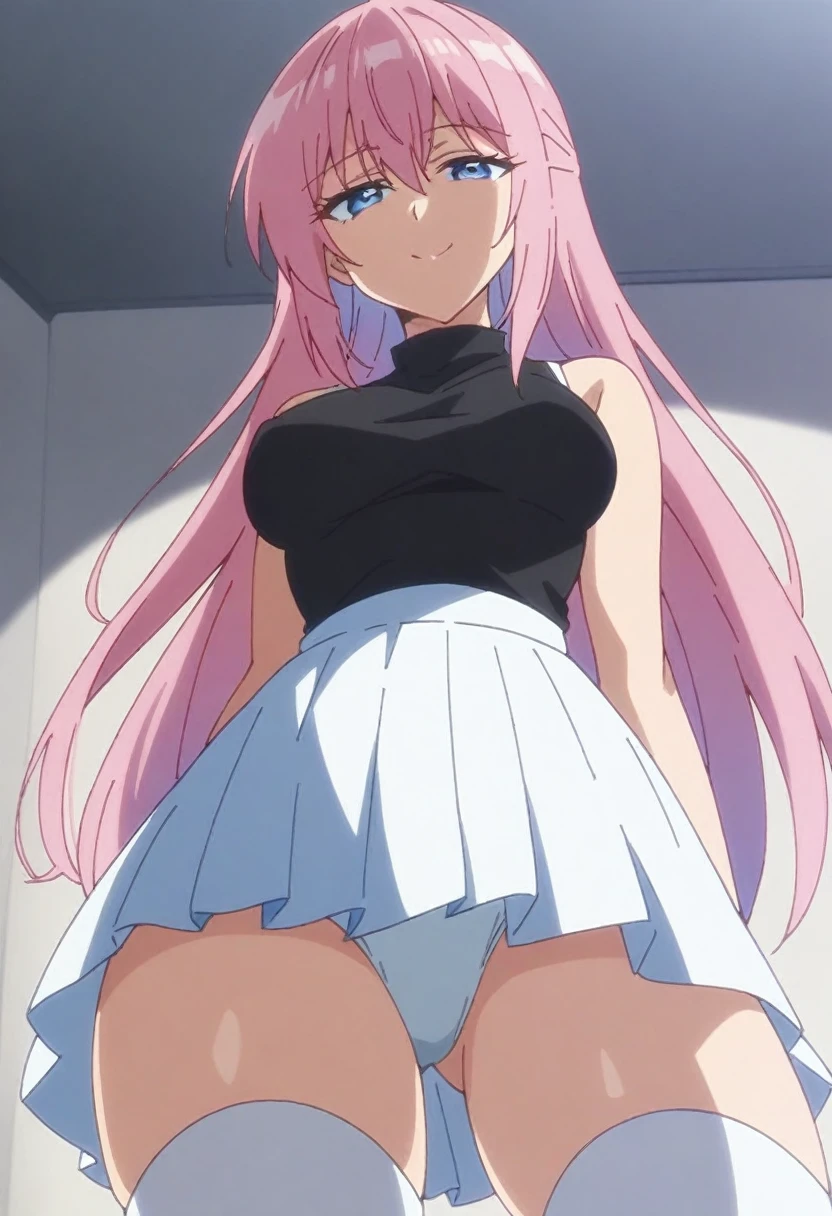 anime art style, 2d, masterpiece, best quality, very aesthetic, absurdres, dynamic shadows, atmosferic, shikimorisan, (1girl), pink hair, long hair, blue eyes, narrowed eyes, detailed eyes, hair between eyes, bangs, medium breasts, makeup, curvy body, sexy, turtleneck shirt, black shirt, white skirt, pleated skirt, white thighhighs, see-throught thighhighs, bare arms, sneakers, smile, ((cowboy shot)), (from below), (on bed), (indoors), (looking at viewer:1.0)