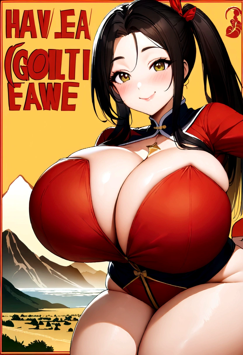 Usually detailed CG Unity 8K wallpaper，（tmasterpiece），（Best quality），（ultra - detailed），（ultra real photo），（best character detail：1.36）， 1 plump girl, Beutiful women，black hair color hair，the golden ratio,(Have a delicate face:1.2)，pure love face_v1,(Huge cleavage:1.35),,(smooth thigh:1.2)，A desert，ssmile，having fun，RAW photos，retro poster，Wartime posters，Nikon D750F / 1.4 55mm，RAW photogr，profesional lighting， physically-based renderingt，Bigchest，Kneeling pose，pony tails，mai shiranui，Guilin，Guilin landscape，mountain water，Scenic beauty，chinse landscape，View of China
