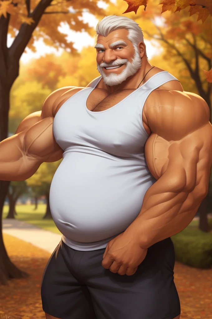 a muscular old man in park, musclegut, tank top, happy, autumn, bokeh, smile, (masterpiece:1.2),(best quality,8k,highres),huge and muscular man,thick arms,short white hair,detailed face,warm autumn colors,blurred background,smiling cheerfully