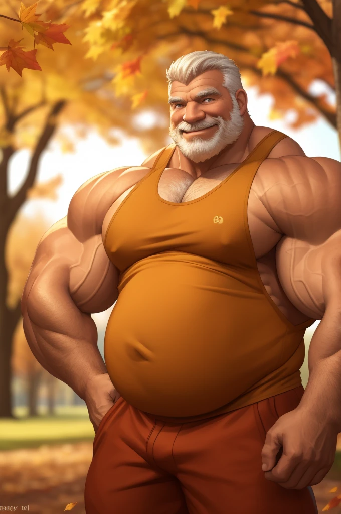 a muscular old man in park, musclegut, tank top, happy, autumn, bokeh, smile, (masterpiece:1.2),(best quality,8k,highres),huge and muscular man,thick arms,short white hair,detailed face,warm autumn colors,blurred background,smiling cheerfully