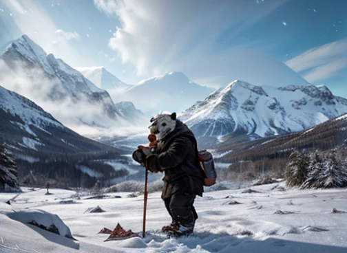  A humanoid polar bear is hunting its food . In the scenario there are immense frozen mountains. The soil and frozen environment, snow covered, icy storm 