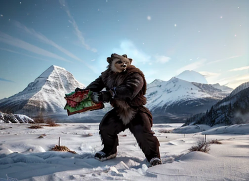  A humanoid polar bear is hunting its food . In the scenario there are immense frozen mountains. The soil and frozen environment, snow covered, icy storm 