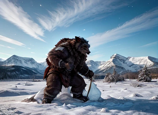  A humanoid polar bear is hunting its food . In the scenario there are immense frozen mountains. The soil and frozen environment, snow covered, icy storm 