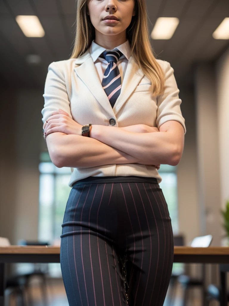 (masutepiece,High quality,16k:1.1),(depth of fields:1.3) ,((front body:1.35)), Ukrainian ,Woman, blonde,makeup,((business suit, black vertical striped pencil skirt )), voluptuous, thicc,(arms crossed:1.5) (wetting herself:1.5), (desperation:1.75),standing ,necktie peeing self, wetting her clothes