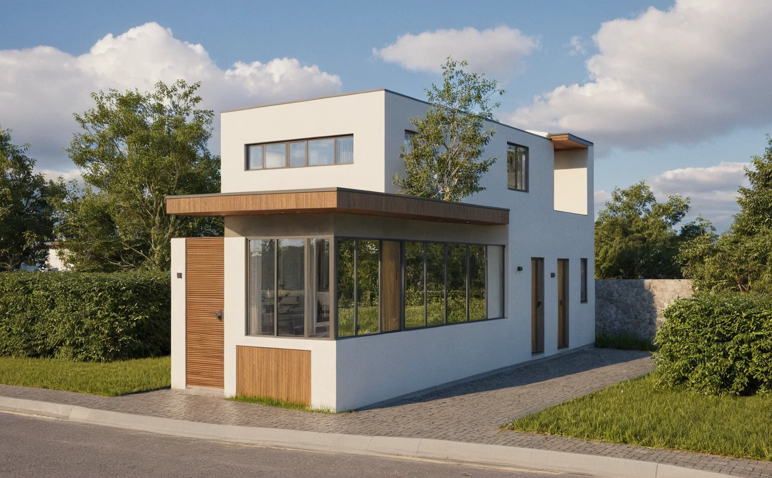 Raw photo,Masterpiece, high quality, best quality, authentic, super detail,
exterior, outdoors, house style modern on the street, glass windows, gate, wooden ceiling,
road,House on the corner of the street, pavement, trees, sky, cloud, (daylight:1.1)