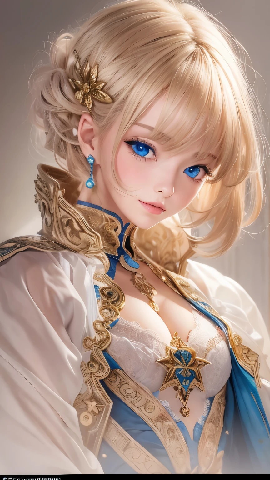 (masterpiece: 1.2, Highest quality), Realistic, (Realistic Picture, Intricate details, Depth of written boundary), Highest quality, masterpiece, Very detailed, Semi Realistic, 1 Girl, Mature Woman, 21 years old, Blonde, shoulder-length short hair,, The left eye is covered with hair, blue eyes, King's Clothes, Red Cape, Slim figure, A crown made of precious gold, Read the document, Document marking, Goose hair pen, Office Table, Soft bench, palace, palaceで, middle ages
