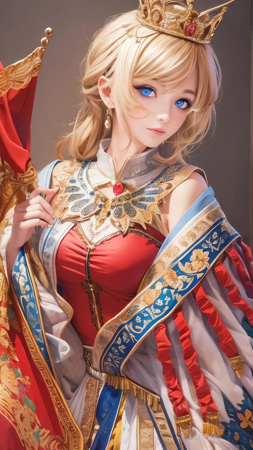 (masterpiece: 1.2, Highest quality), Realistic, (Realistic Picture, Intricate details, Depth of written boundary), Highest quality, masterpiece, Very detailed, Semi Realistic, 1 Girl, Mature Woman, 21 years old, Blonde, shoulder-length short hair,, The left eye is covered with hair, blue eyes, King&#39;s Clothes, Red Cape, Slim figure, A crown made of precious gold, Read the document, Document marking, Goose hair pen, Office Table, Soft bench, palace, palaceで, middle ages