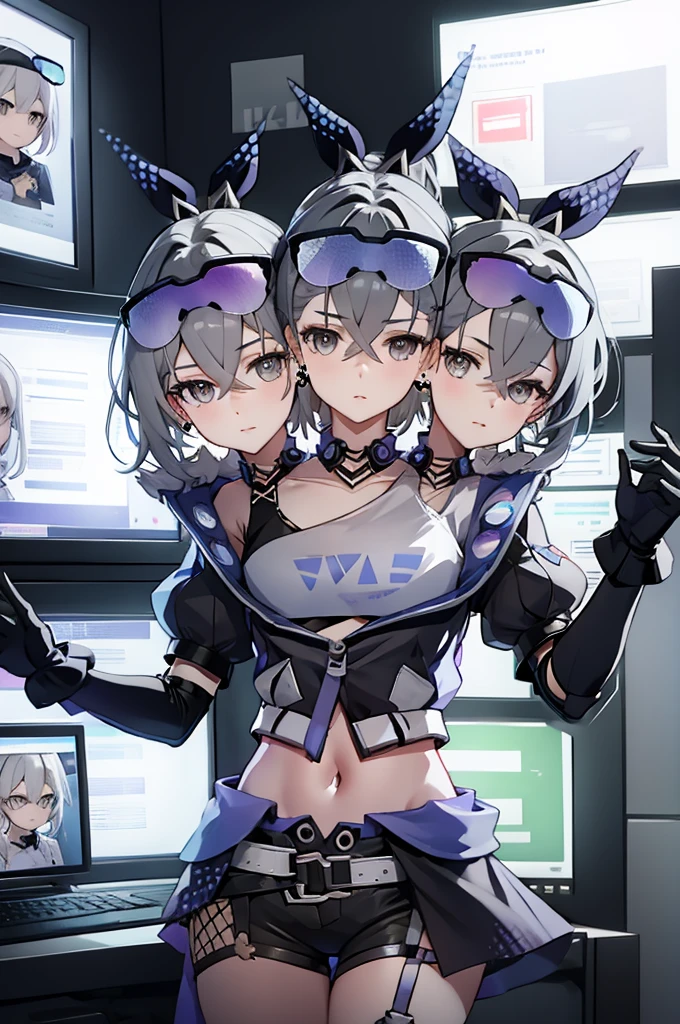 (3heads:1.5), Masterpiece, Best quality, 1girl, Extremely detailed, beautiful background, ((SilverWolf V4)), gray eyes, detailed eyes, beautiful eyes, huge breasts, white hair, eyewear on head, Short sleeves, hair adornments, Earrings, Drill hair, Black shorts, Black gloves, pony tails, Perfect hands, holding video game controller, playing video game, emotionless, staring at computer monitor, small smile, :o