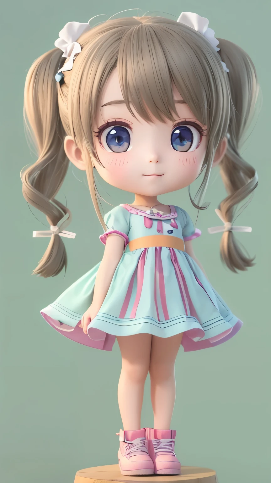 Drawing of a girl in a ponytail and dress, cute 3d rendering, cute detailed digital art, mini cute girl, cute digital painting, 3D rendering style, cute digital art, cute rendering 3d anime girl, Small Curvy Loli, cute! C4D, One character&#39;s whole body, Standing on a white pedestal