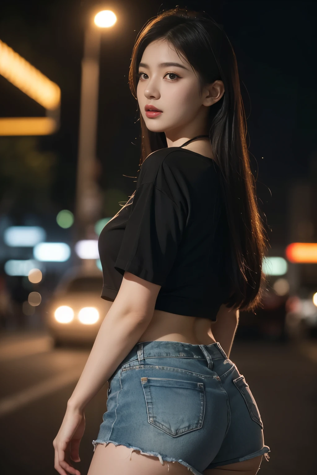 beautiful detailed eyes, beautiful detailed lips, extremely detailed eyes and face, long eyelashes, 1girl, korean, wearing black crop top and shorts denim, plump body type, thick thighs, is looking back, standing at cafe, night scene, bokeh background, (best quality,4k,8k,highres,masterpiece:1.2),ultra-detailed,(realistic,photorealistic,photo-realistic:1.37),cinematic lighting,intricate details,vibrant colors,atmospheric lighting,moody lighting