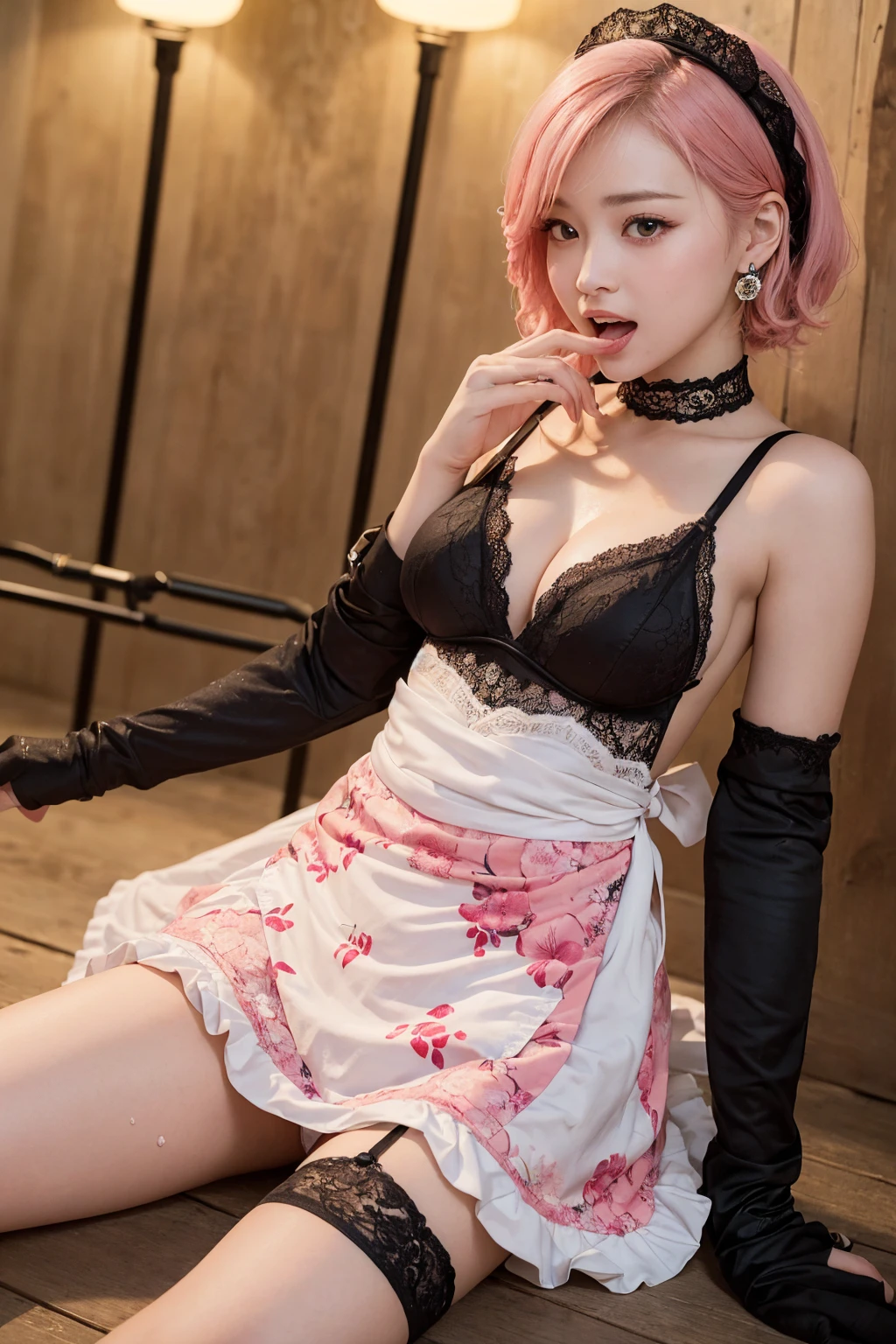 (masterpiece:1.2, Highest quality), (Realistic, photoRealistic:1.4), Beautiful illustrations, (Natural Side Lighting, Cinema Lighting), Browsing Caution, 
View Viewer, (Bust up shot)、Front view:0.8, 1 girl, Japanese, high school girl, Perfect Face, Cute and symmetrical face, Shiny skin、
(Semi-short cut hair, Side Lock, Light pink hair), Parted bangs, Emerald green eyes, Long Eyelashes, (Big Breasts:0.8), 
Beautiful Hair, Beautiful Face, Beautiful fine details, Beautiful clavicle, Beautiful body, Beautiful breasts, Beautiful fingers, Beautiful nipples、Beautiful armpits、Beautiful, perfectly aligned teeth、
((A cat suit with attention to detail、(Pastel red floral lace panties、Lace mini maid apron、Black garter stockings)、Shyness、(Spread your legs:1.1)、(Open your mouth:1.3)、Red bow tie、Earrings、(topless:1.6)))、
((The background is night、moonlight、Hongkong、garden、firework、Summer festival))、  (Troubled face、Upward glance), (The skin is moist and wet:1.2)、(Semen is on it:1.6)、(Licking your fingers:1.2)