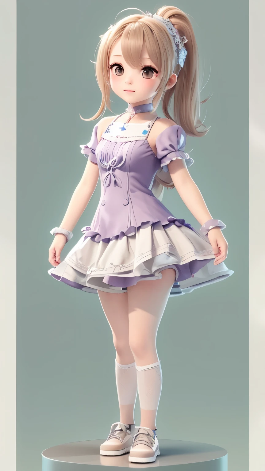 Drawing of a girl in a ponytail and dress, cute 3d rendering, cute detailed digital art, mini cute girl, cute digital painting, 3D rendering style, cute digital art, cute rendering 3d anime girl, Small Curvy Loli, cute! C4D, One character&#39;s whole body, Standing on a white pedestal
