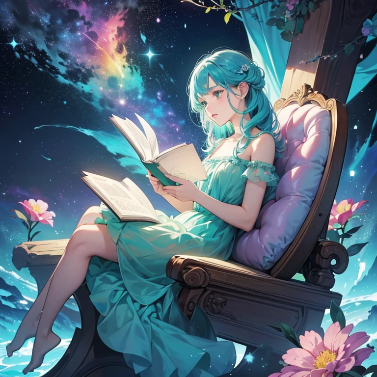 (best qualityer, work of art), 1 girl, reading a book, particle, Tuuli, flowers, trunk, simple background, gazing at viewer, rainbow colored hair, short teal floaty dress, cosmic, nebulas, Galaxy