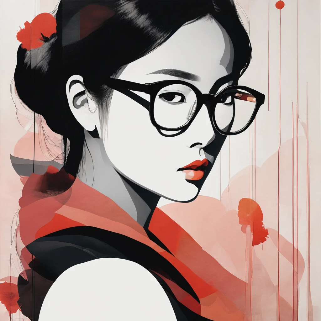 (Minimalist:1.5)，Mono Color，A beautyful Asia girl with glasses，siluette，abstract paintings，Lots of white space