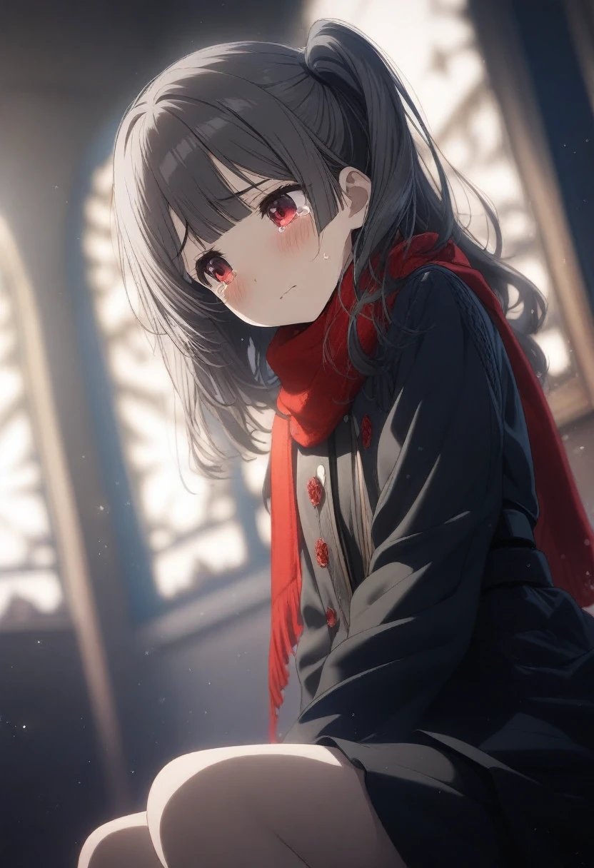 1girl tsuruse, official art, sitting, crying, tears streaming, black coat, red scarf, black hair, side_ponytail, red eyes, (very aesthetic, best quality, ultra detailed), intricate details, highres, indoors, light particles, close-up, blurry background,, low angle, cinematic angle, cowboy shot, emotional, delicate features