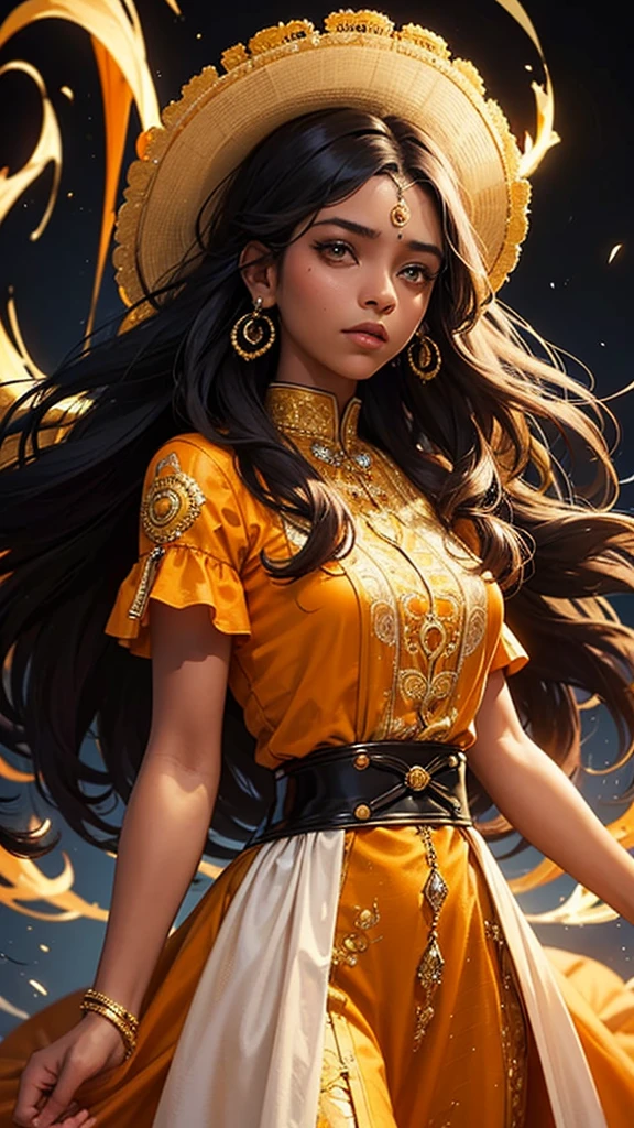 A 20-year-old girl with dark skin, gold eyes, very curly and long hair, wearing an orange Victorian dress. He's looking at the viewer. look of determination. Black background with yellow lights.