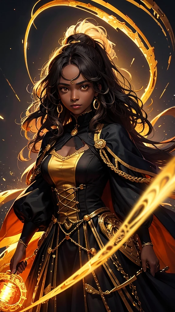 A 20-year-old girl with dark skin, gold eyes, very curly and long hair, wearing an orange Victorian dress. He's looking at the viewer. look of determination. Black background with yellow lights.