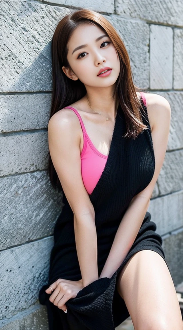 Dark brown hair、Light brown eyes、Japanese actress、 Lady、I am about 40 years old..、(Intricate details:1.2)、(Which one is on top??:1.4)、 (Ultra-high resolution:1.2)、Ultra-high resolution、(Finely tuned)、(Detailed facial features)、Hmph、8K resolution、D cup size breasts、Long Hair、Night setting、Large windows、Extravagant space、relax、、,Full body photo、Head to toe shot、Beautiful legs、Cosplay、Street fashion、Black Pink・ジェニー Taken with the image、Black Pink Similar to Jenny、Black Pink Pose like Jenny、White costume、mini skirt、Beautiful legs、she, Fashion Hub, Extreme Detail, Very detailed, Realistic, Hourglass-shaped body, Obscene pose,Messy ponytail、Leaning against a wall、Place your head against the wall and lift your chin..、Please open your mouth a little、Ocean、